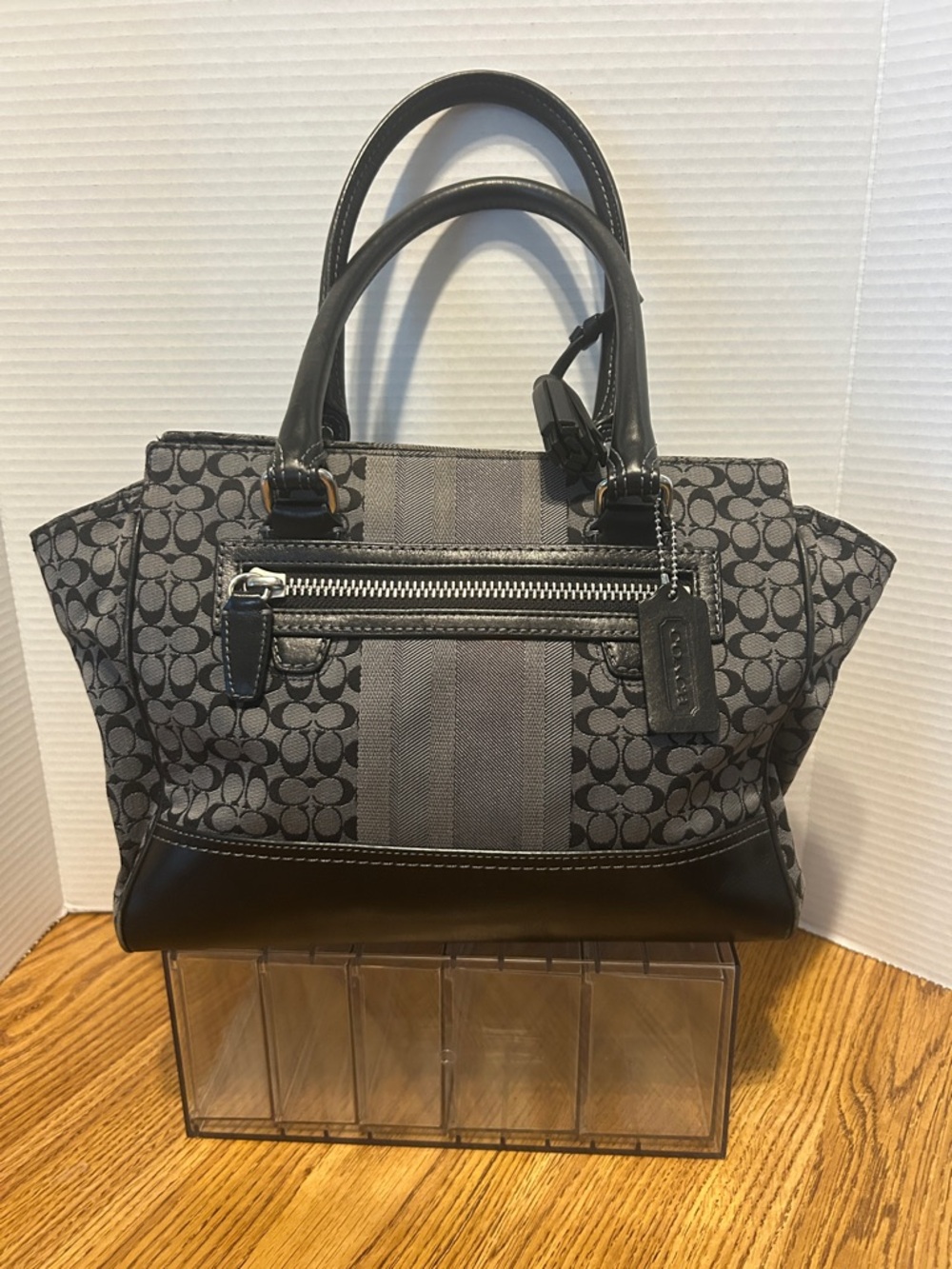 Coach Gray Signature Stripe Satchel with Leather Trim